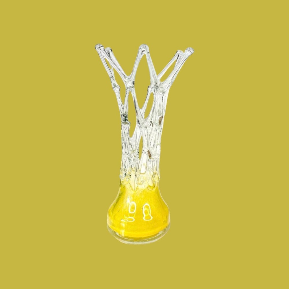 Vintage Murano Style Open Lace Lattice Yellow Art Glass Swung Vase, 12 Inch